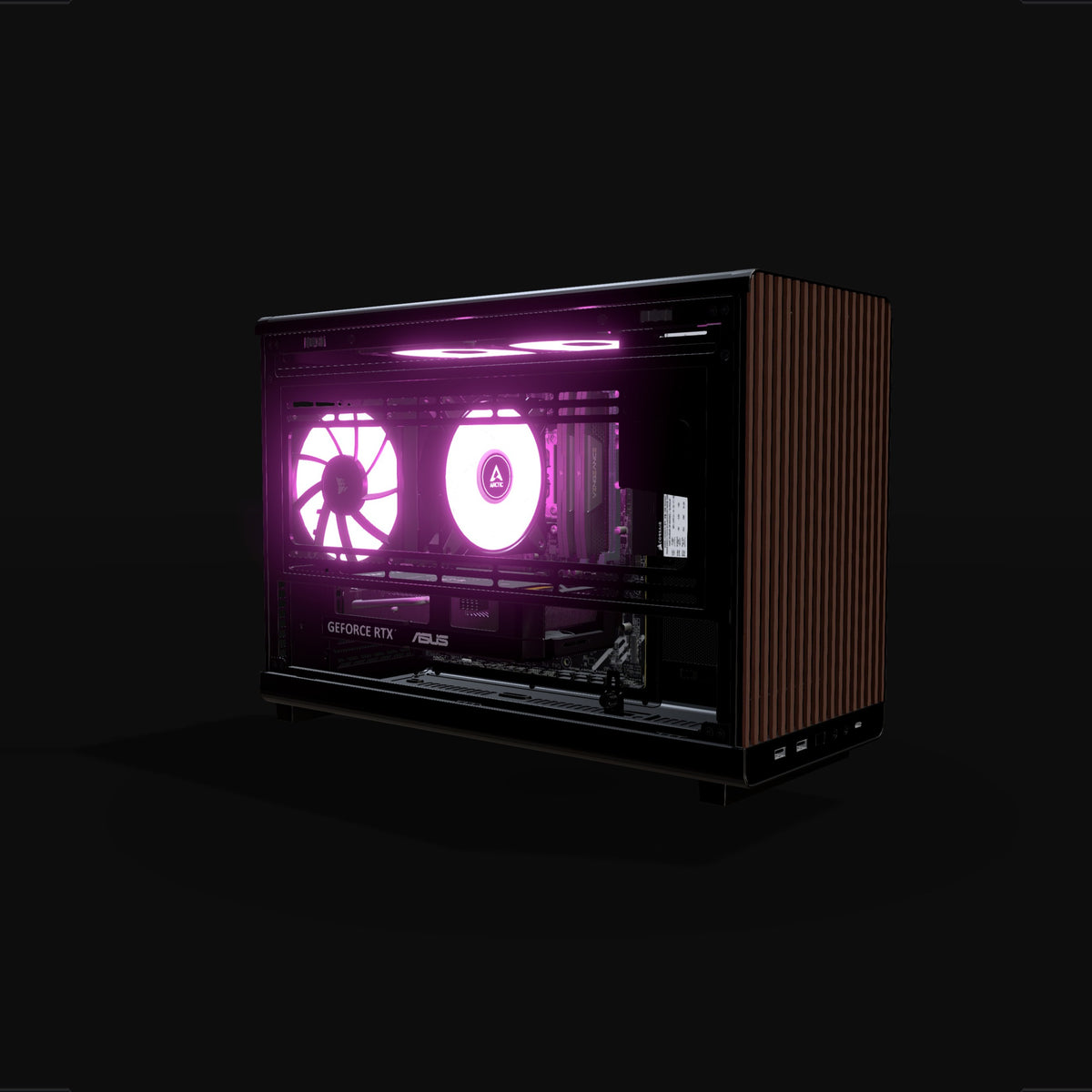 Biwak Gaming PC Entry – 3D rendering, front three-quarter view, RGB magenta