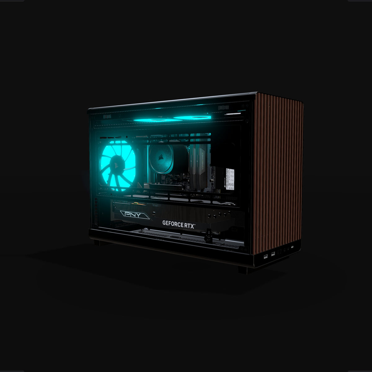 Biwak PC da gaming Midrange – rendering 3D, vista di tre quarti, RGB ciano