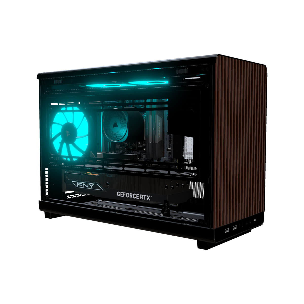 Biwak Gaming-PC Midrange – 3D-Rendering schräg von vorne, RGB Cyan