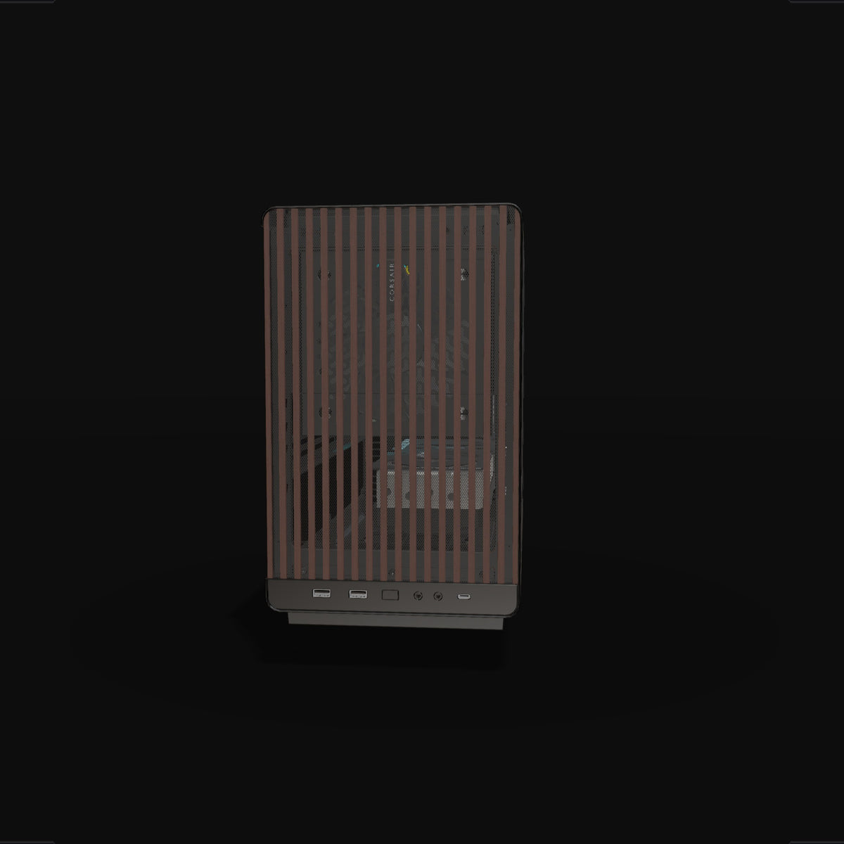 Biwak PC da gaming Midrange – rendering 3D, vista frontale, RGB ciano