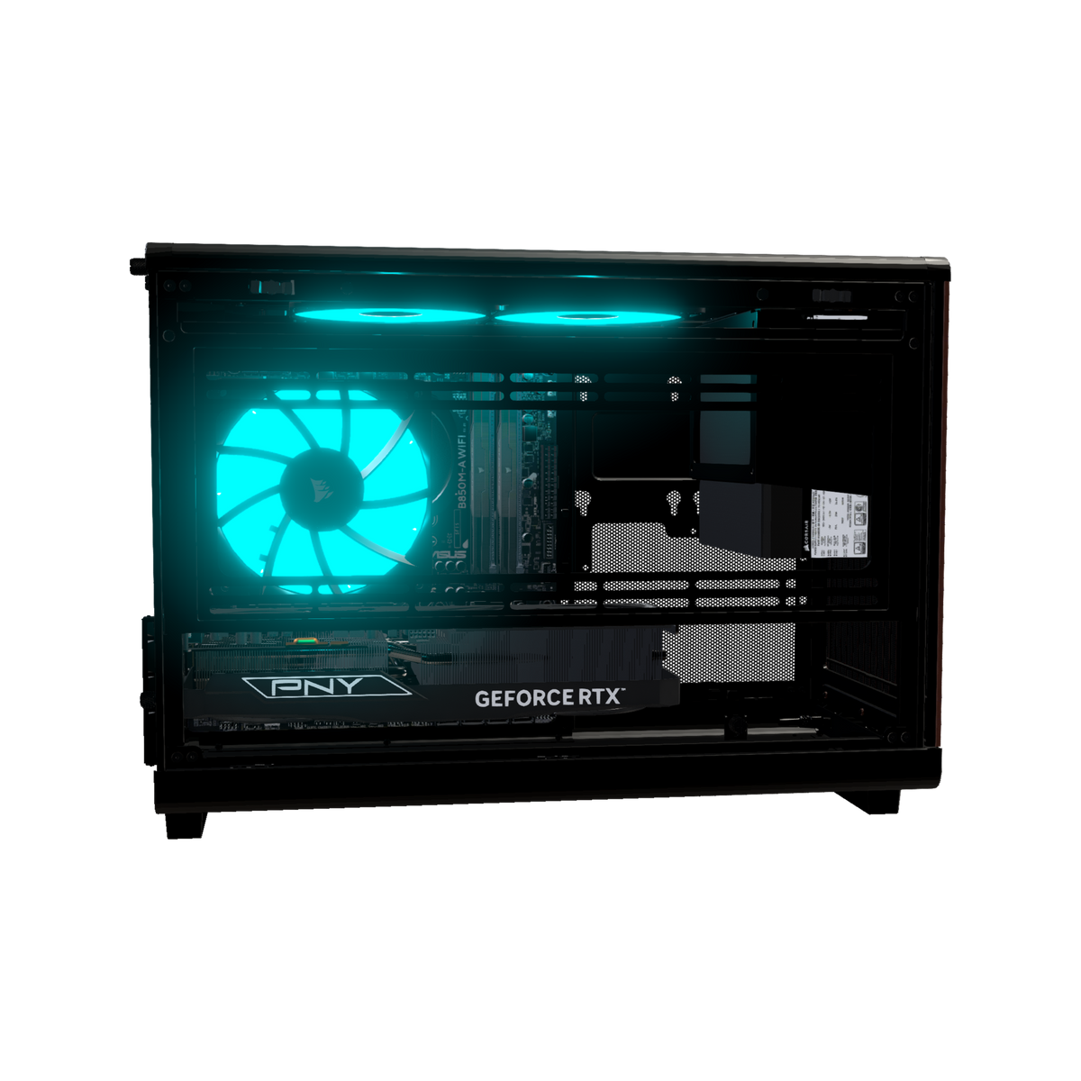 Biwak Gaming-PC Midrange – 3D-Rendering von der Seite, RGB Cyan