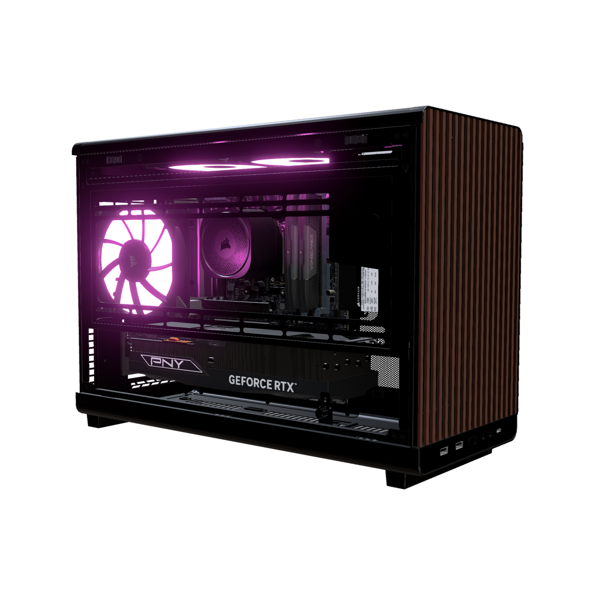 Biwak Gaming-PC Midrange – 3D-Rendering schräg von vorne, RGB Magenta