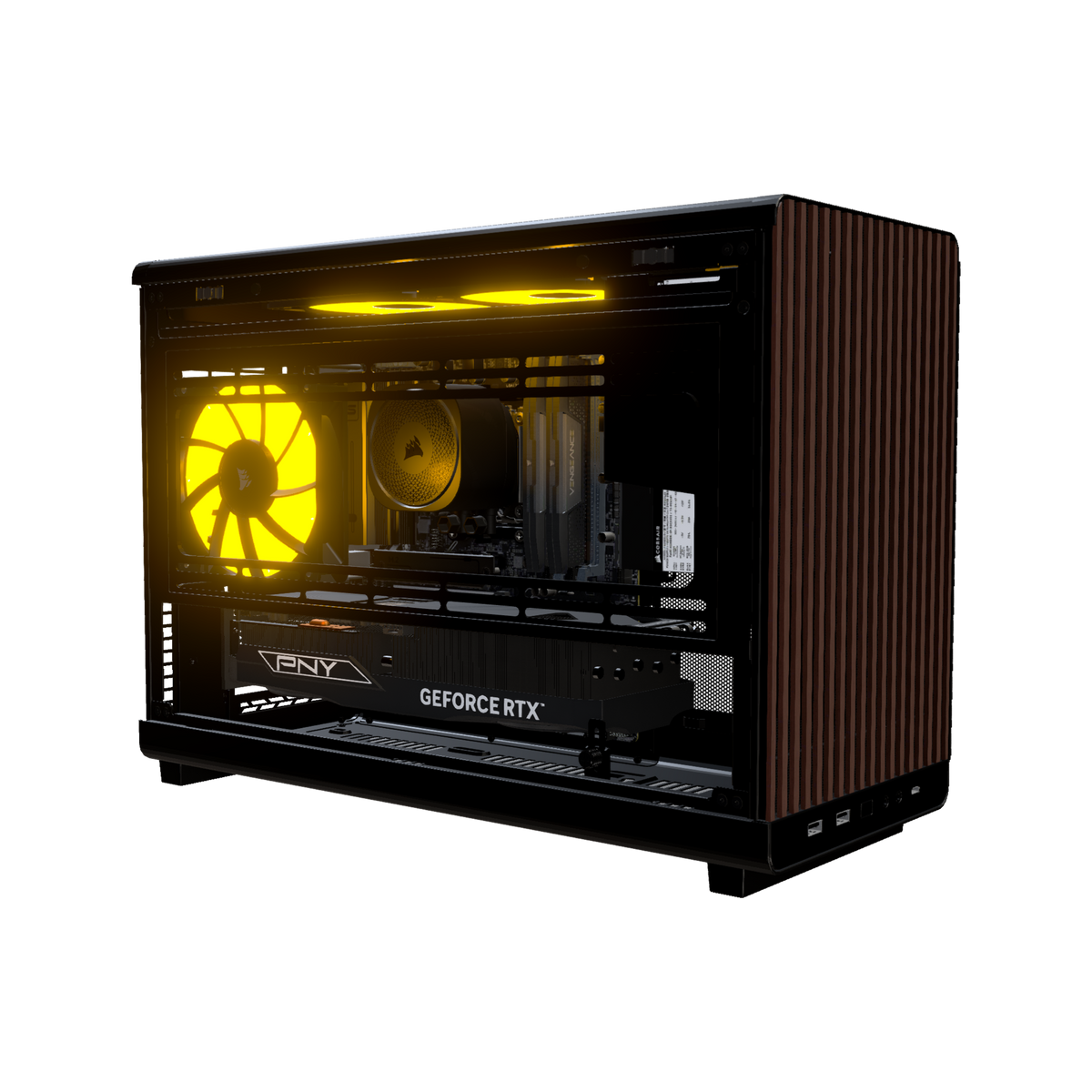 Biwak Gaming-PC Midrange – 3D-Rendering schräg von vorne, RGB Orange