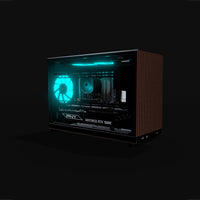 Biwak Gaming PC High-End – 3D rendering, front three-quarter view, RGB cyan