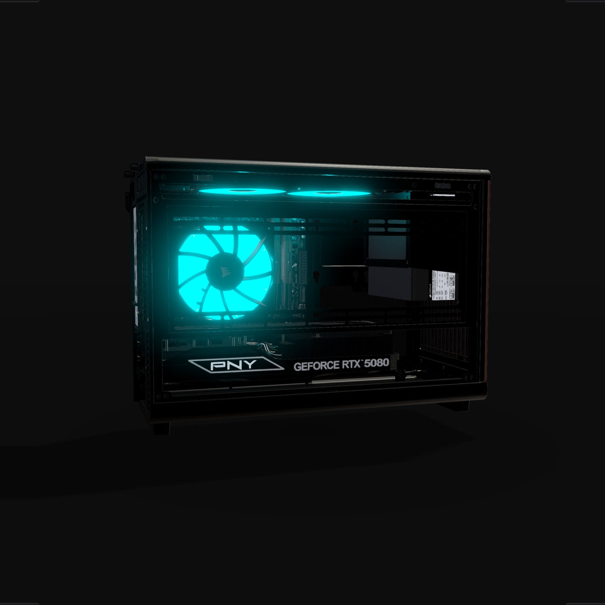 Biwak Gaming PC High-End – 3D rendering, side view, RGB cyan