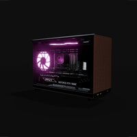 Biwak Gaming PC High-End – 3D rendering, front three-quarter view, RGB magenta