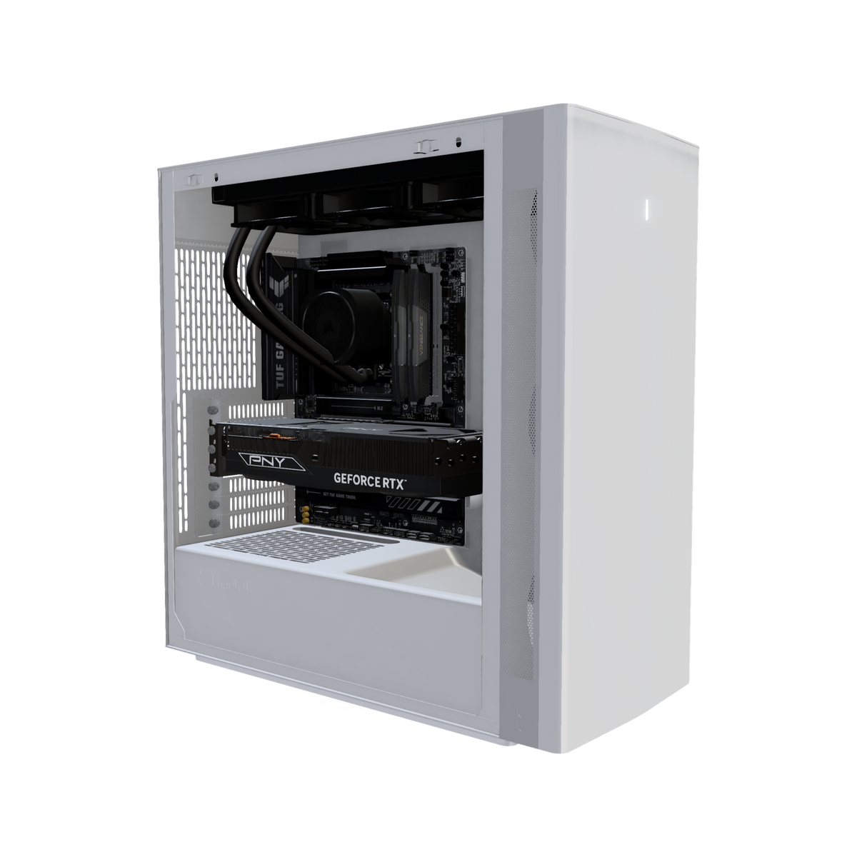 Silent PC Gamer Milieu de gamme Blanc – rendu 3D, vue de trois quarts