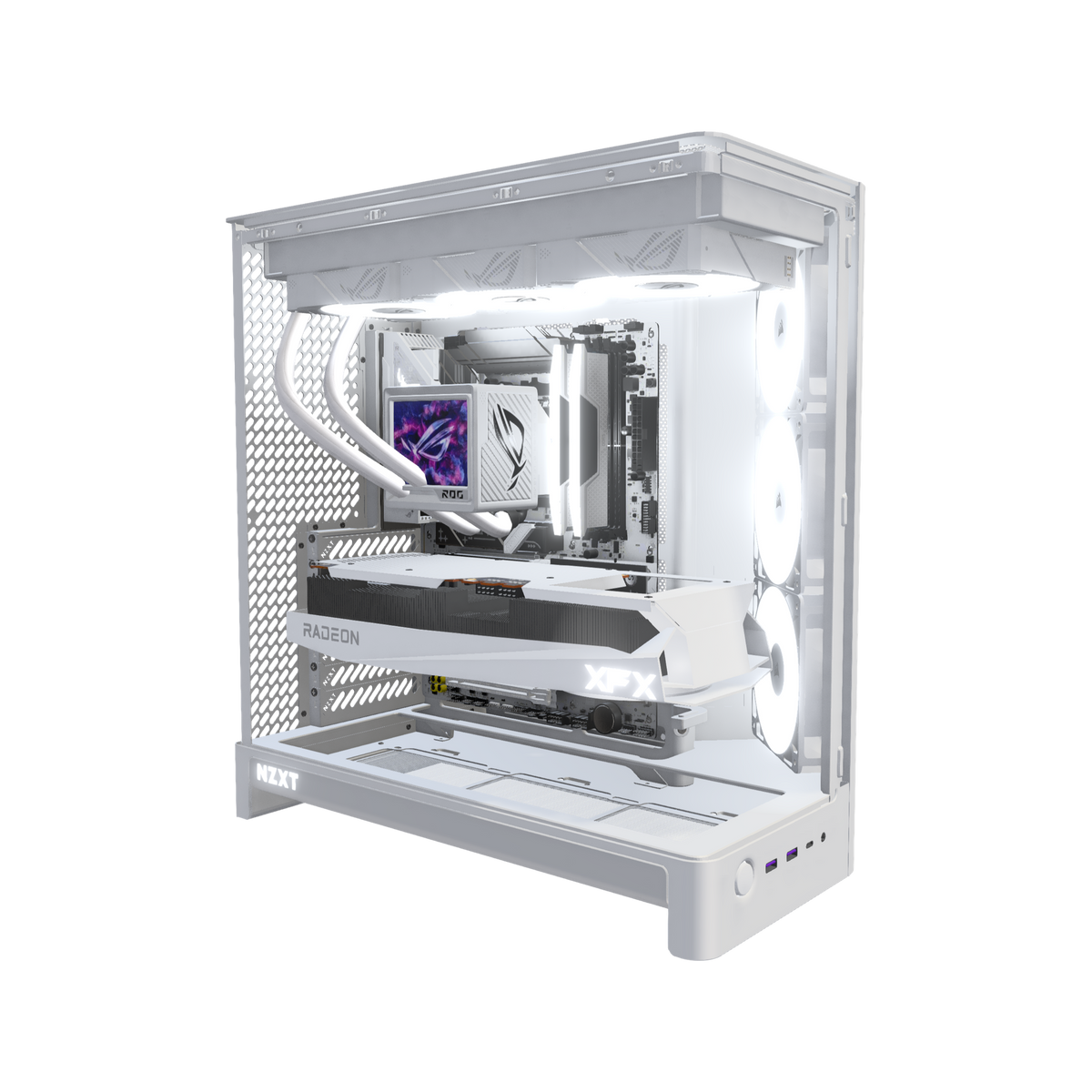 Showcase Gaming-PC Midrange Weiss – 3D-Rendering schräg von vorne, RGB Kaltweiss