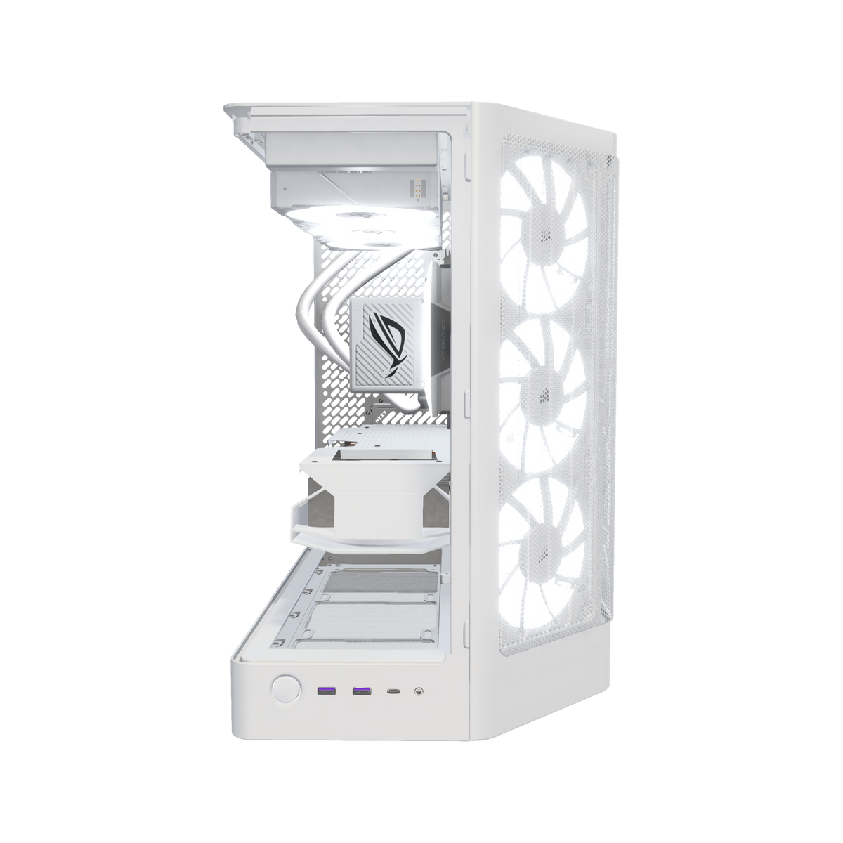 Showcase Gaming-PC Midrange Weiss – 3D-Rendering von vorne, RGB Kaltweiss
