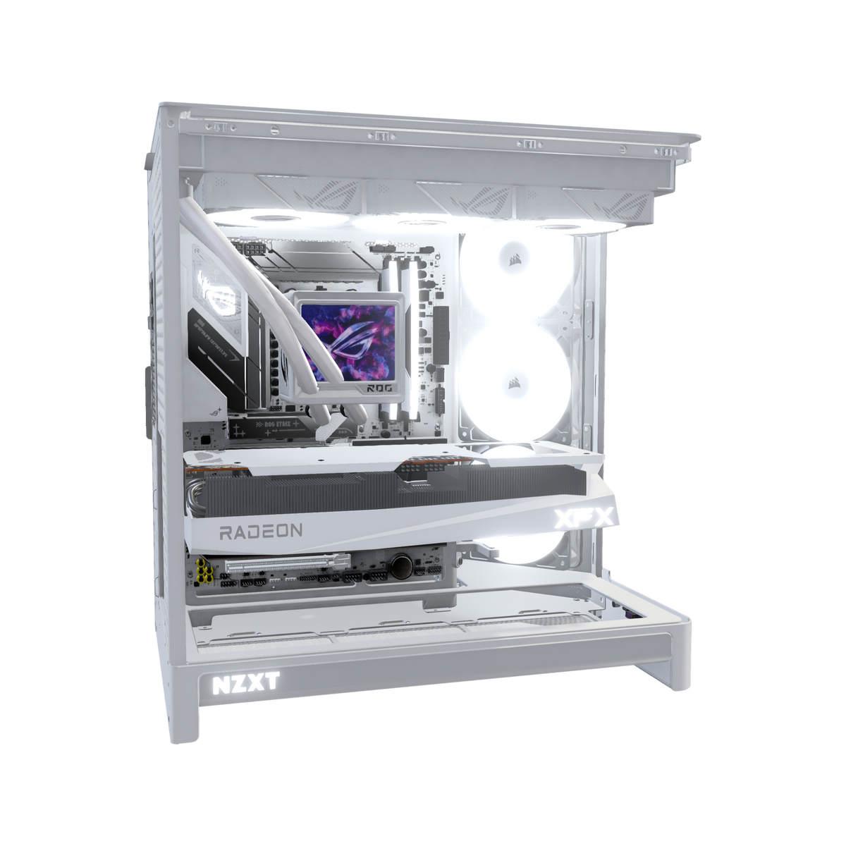 Showcase Gaming-PC Midrange Weiss – 3D-Rendering von der Seite, RGB Kaltweiss