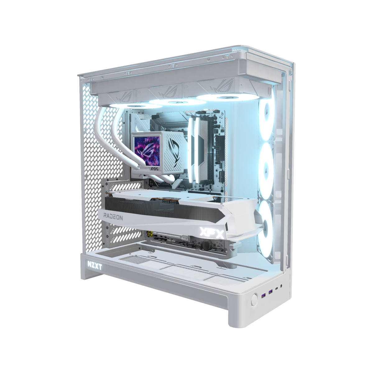 Showcase Gaming-PC Midrange Weiss – 3D-Rendering schräg von vorne, RGB Eisblau