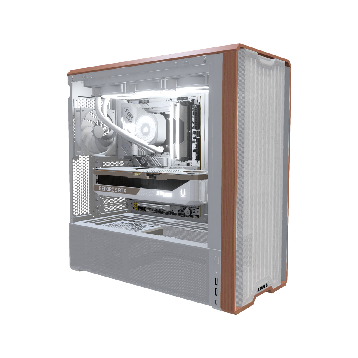 Streaming PC da gaming High-End Bianco – rendering 3D, vista di tre quarti, RGB bianco freddo