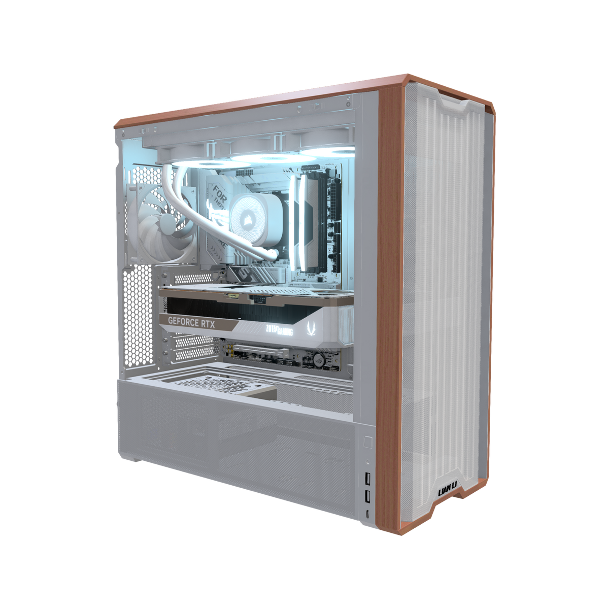 Streaming PC da gaming High-End Bianco – rendering 3D, vista di tre quarti, RGB blu ghiaccio