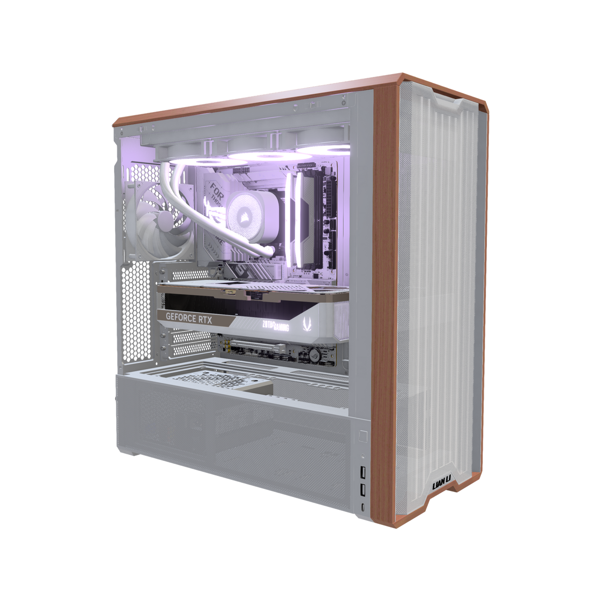 Streaming PC da gaming High-End Bianco – rendering 3D, vista di tre quarti, RGB lavanda