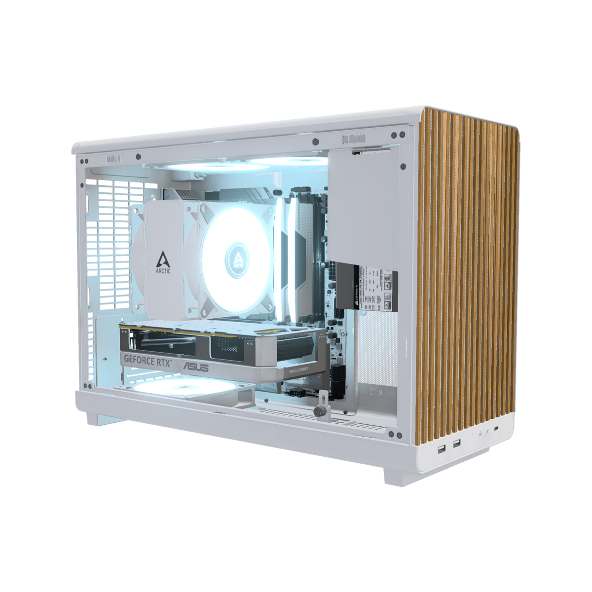 Biwak Gaming-PC Einsteiger Weiss – 3D-Rendering schräg von vorne, RGB Eisblau
