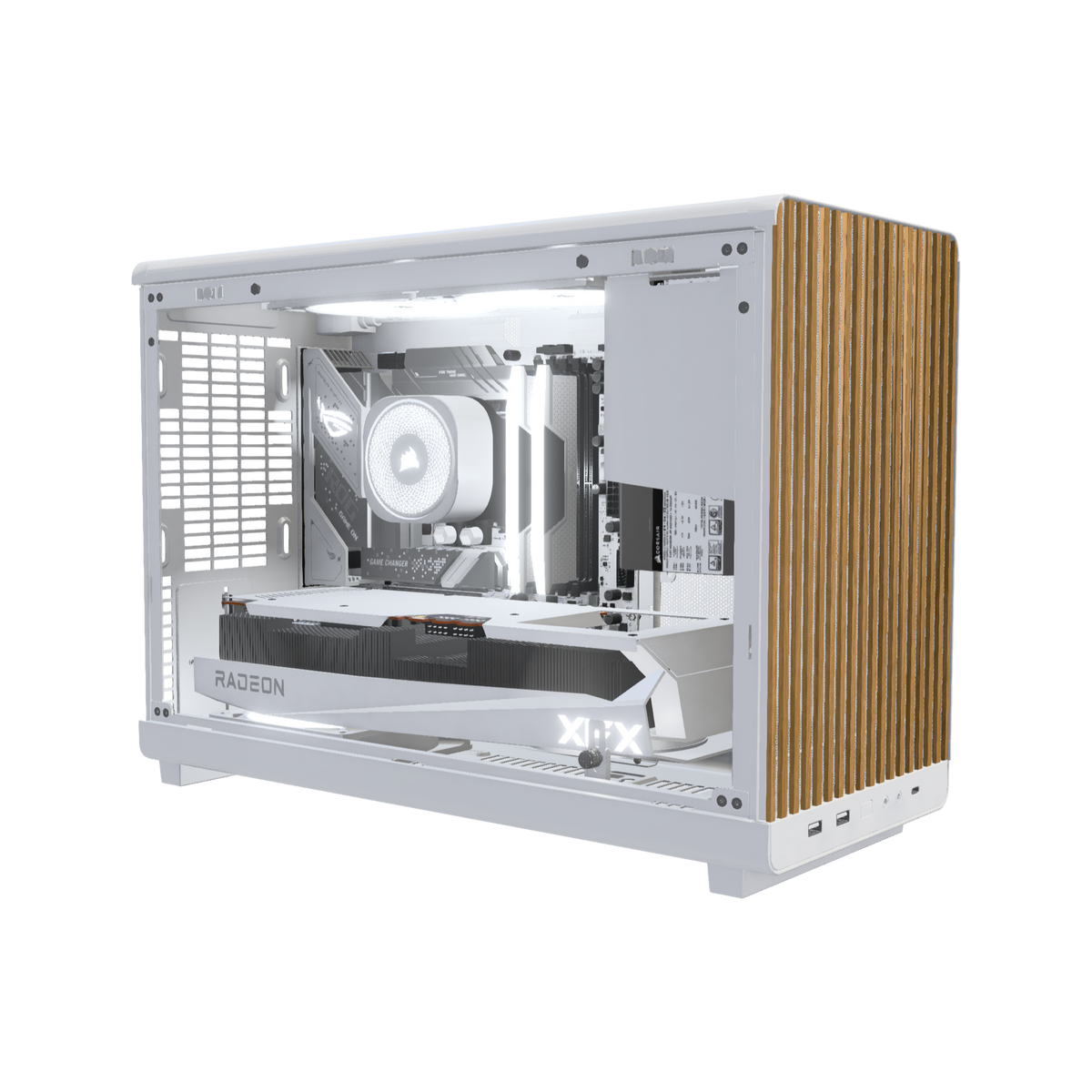 Biwak Gaming PC Midrange White – 3D rendering, front three-quarter view, RGB cool white