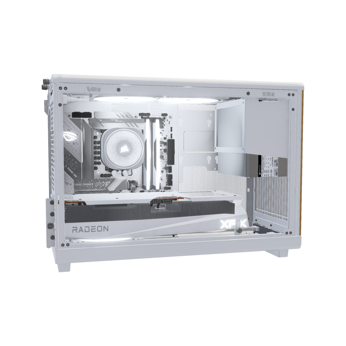 Biwak Gaming PC Midrange White – 3D rendering, side view, RGB cool white