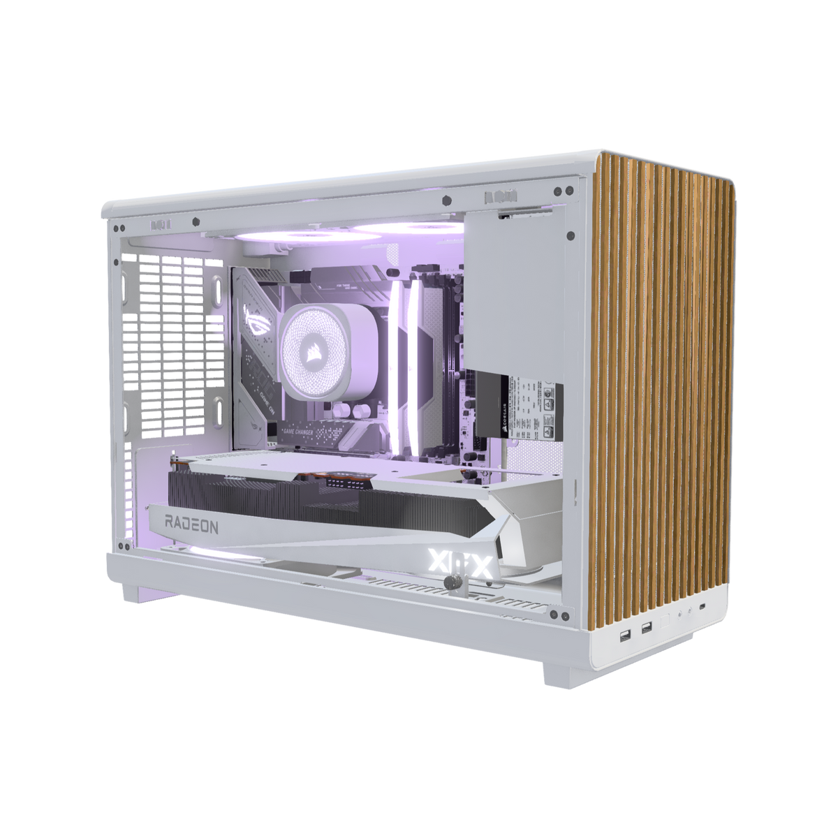 Biwak Gaming PC Midrange White – 3D rendering, front three-quarter view, RGB lavender