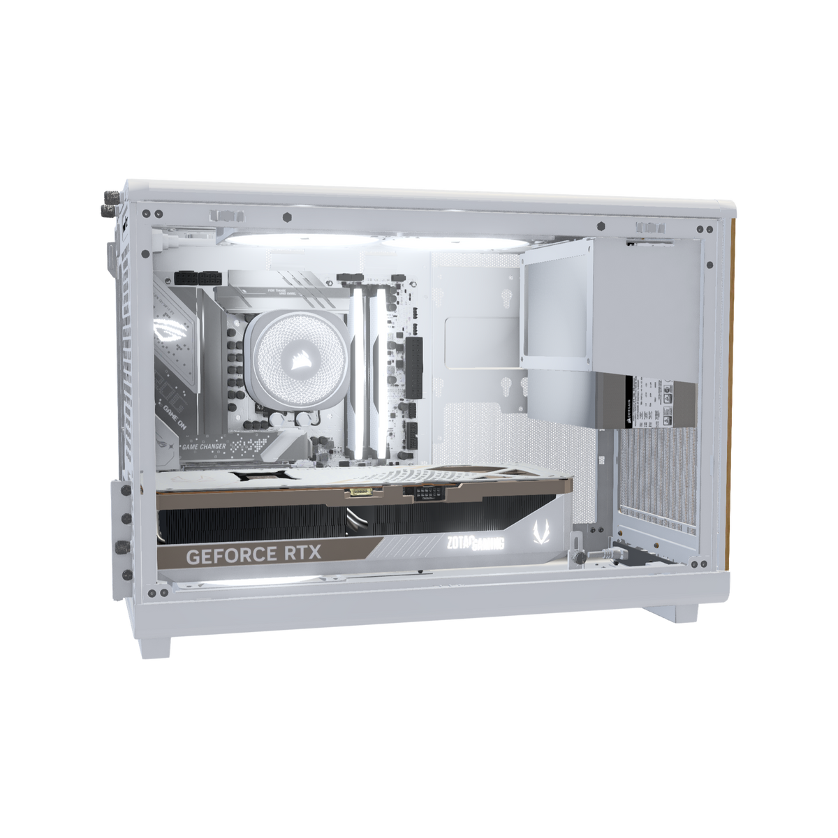 Biwak Gaming-PC High-End Weiss – 3D-Rendering von der Seite, RGB Kaltweiss