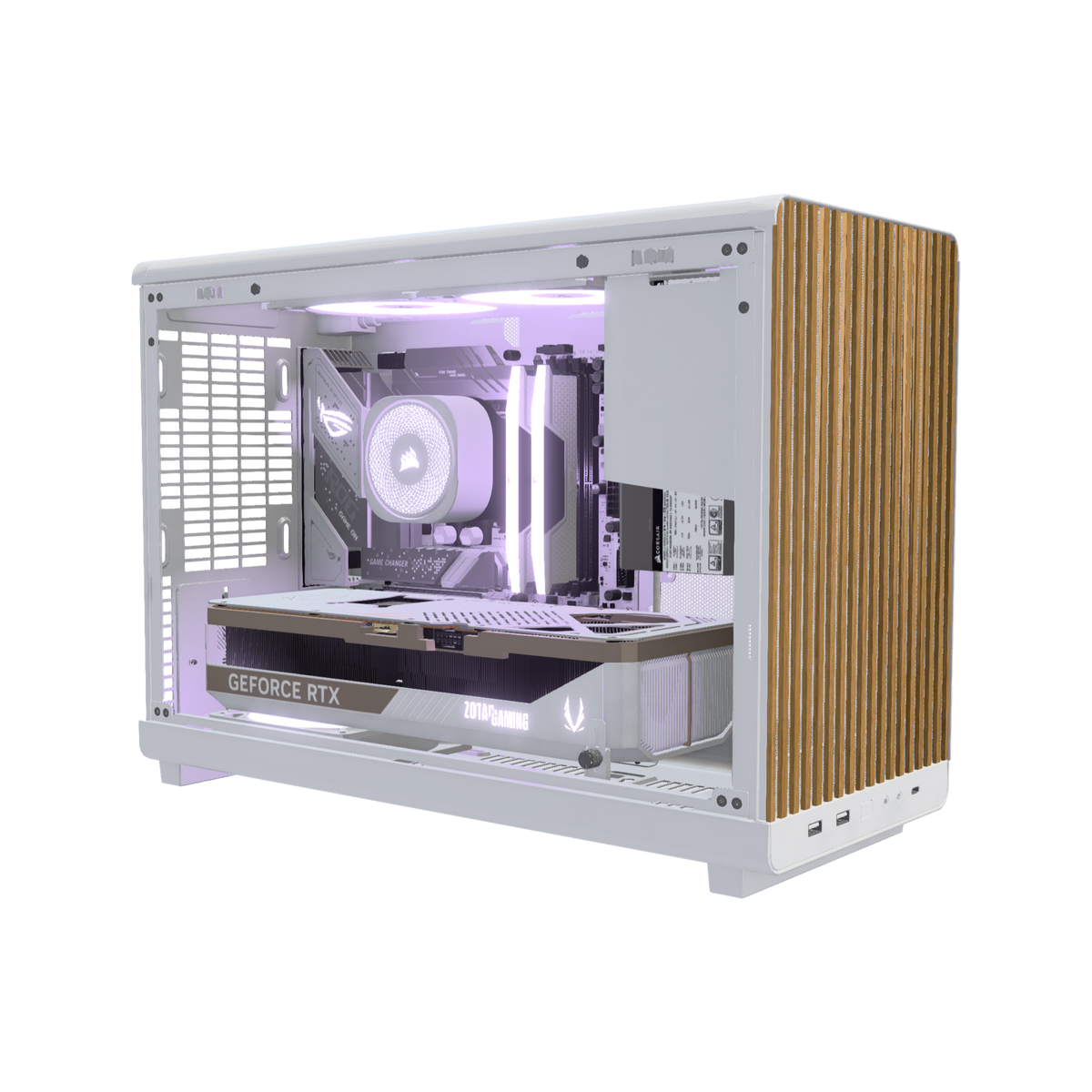 Biwak Gaming-PC High-End Weiss – 3D-Rendering schräg von vorne, RGB Lavendel