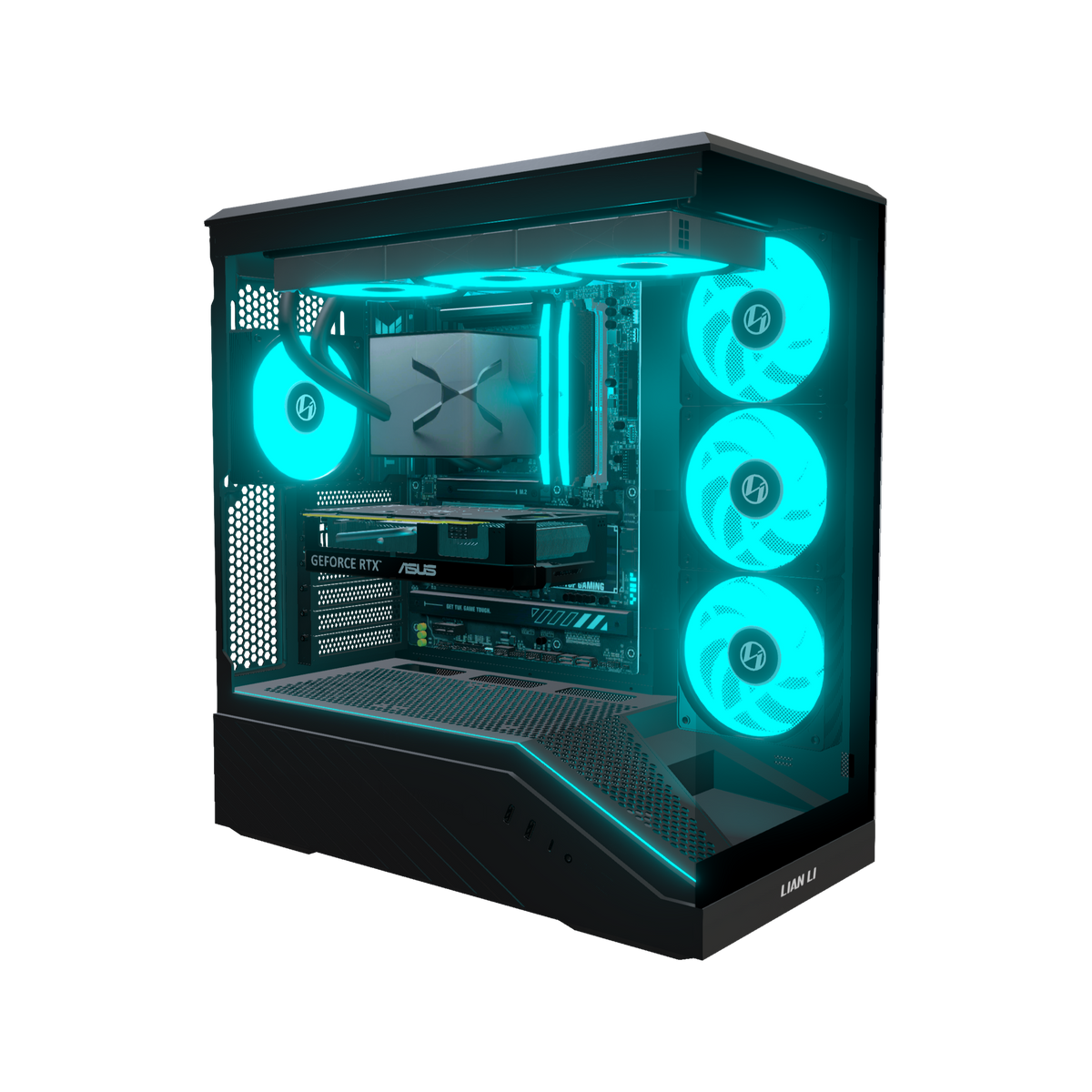 Hype Gaming-PC Einsteiger – 3D-Rendering schräg von vorne, RGB Cyan