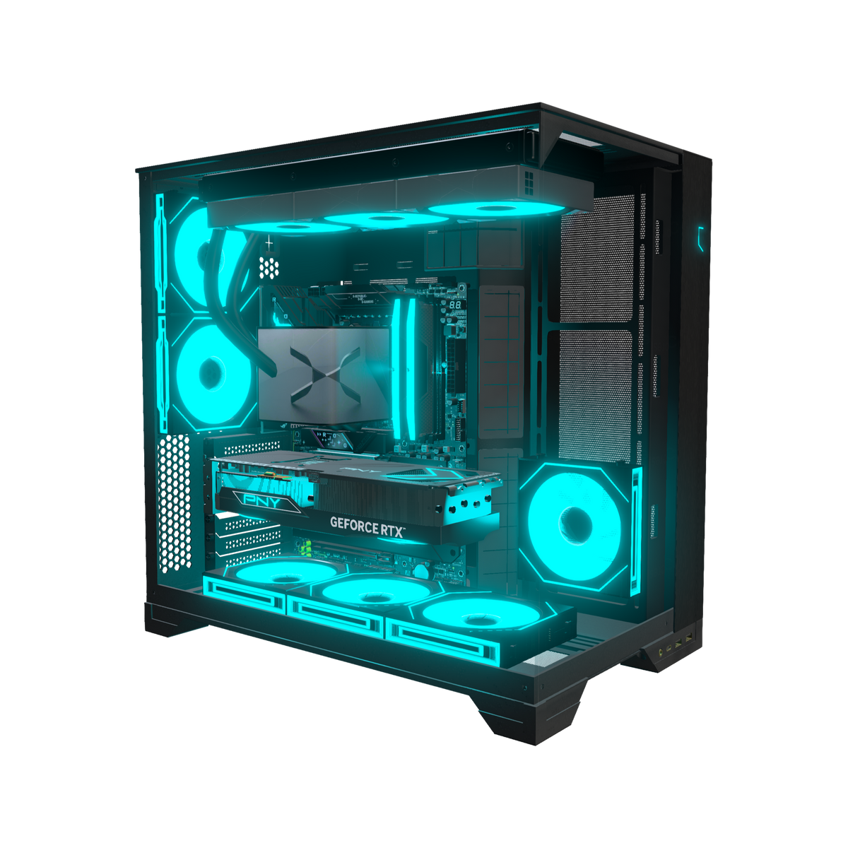 Hype PC da gaming Midrange – rendering 3D, vista di tre quarti, RGB ciano