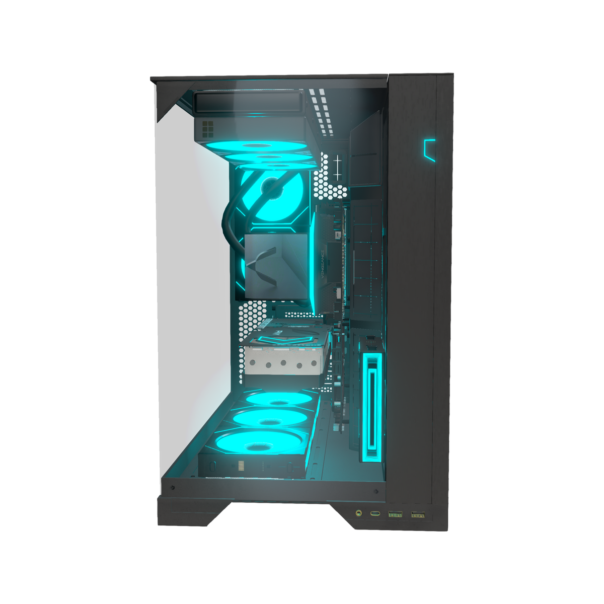 Hype PC da gaming Midrange – rendering 3D, vista frontale, RGB ciano