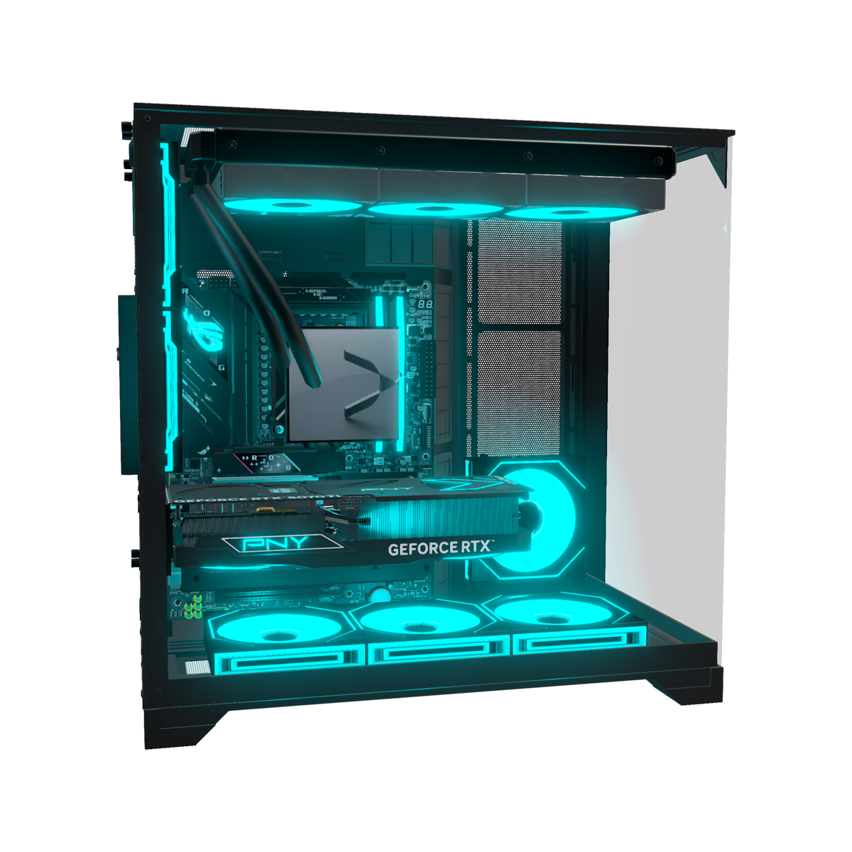 Hype PC da gaming Midrange – rendering 3D, vista laterale, RGB ciano