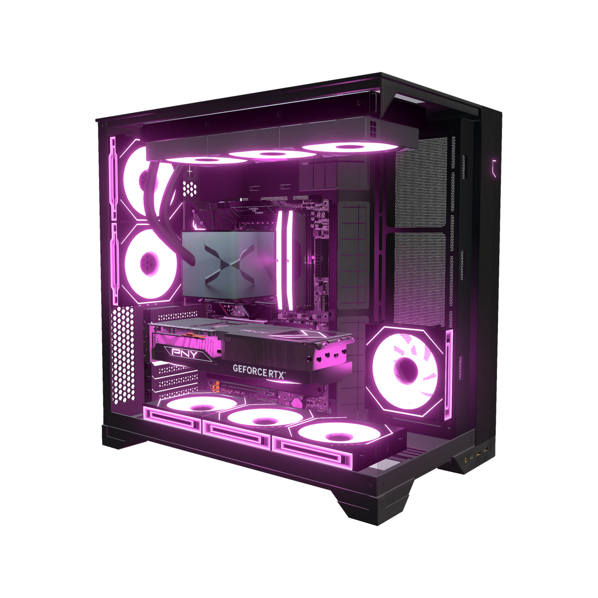 Hype PC da gaming Midrange – rendering 3D, vista di tre quarti, RGB magenta