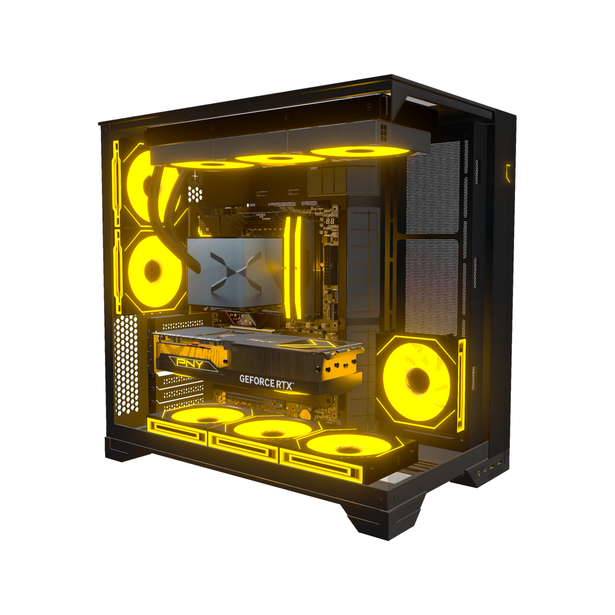 Hype PC da gaming Midrange – rendering 3D, vista di tre quarti, RGB arancione
