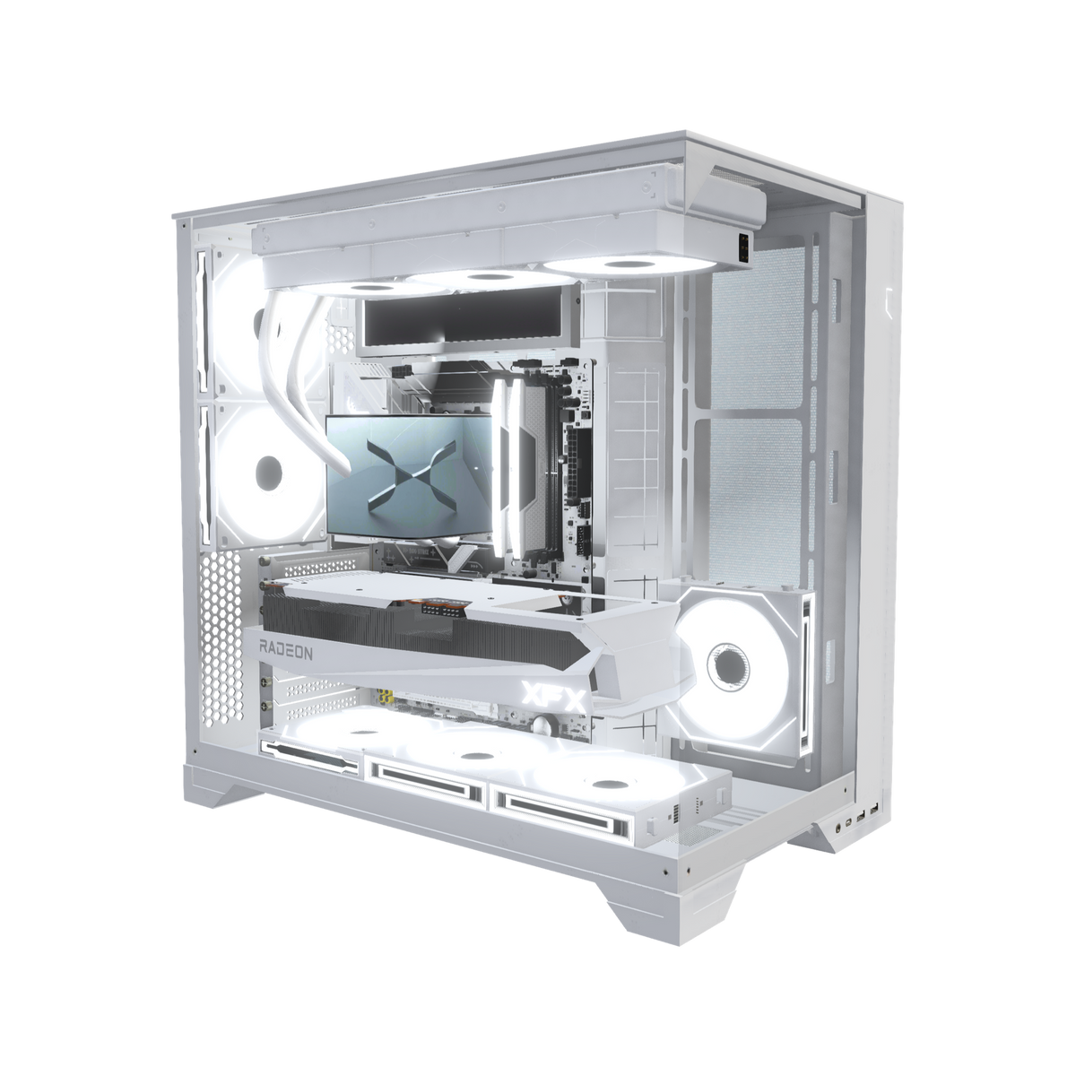 Hype Gaming-PC Midrange Weiss – 3D-Rendering schräg von vorne, RGB Kaltweiss