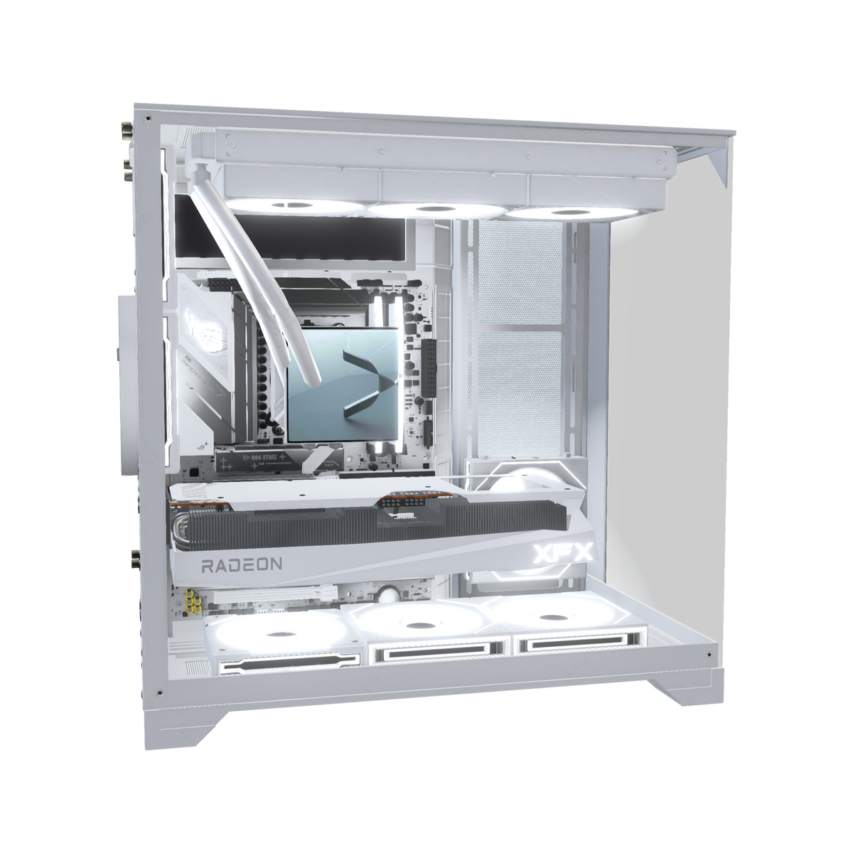 Hype Gaming-PC Midrange Weiss – 3D-Rendering von der Seite, RGB Kaltweiss