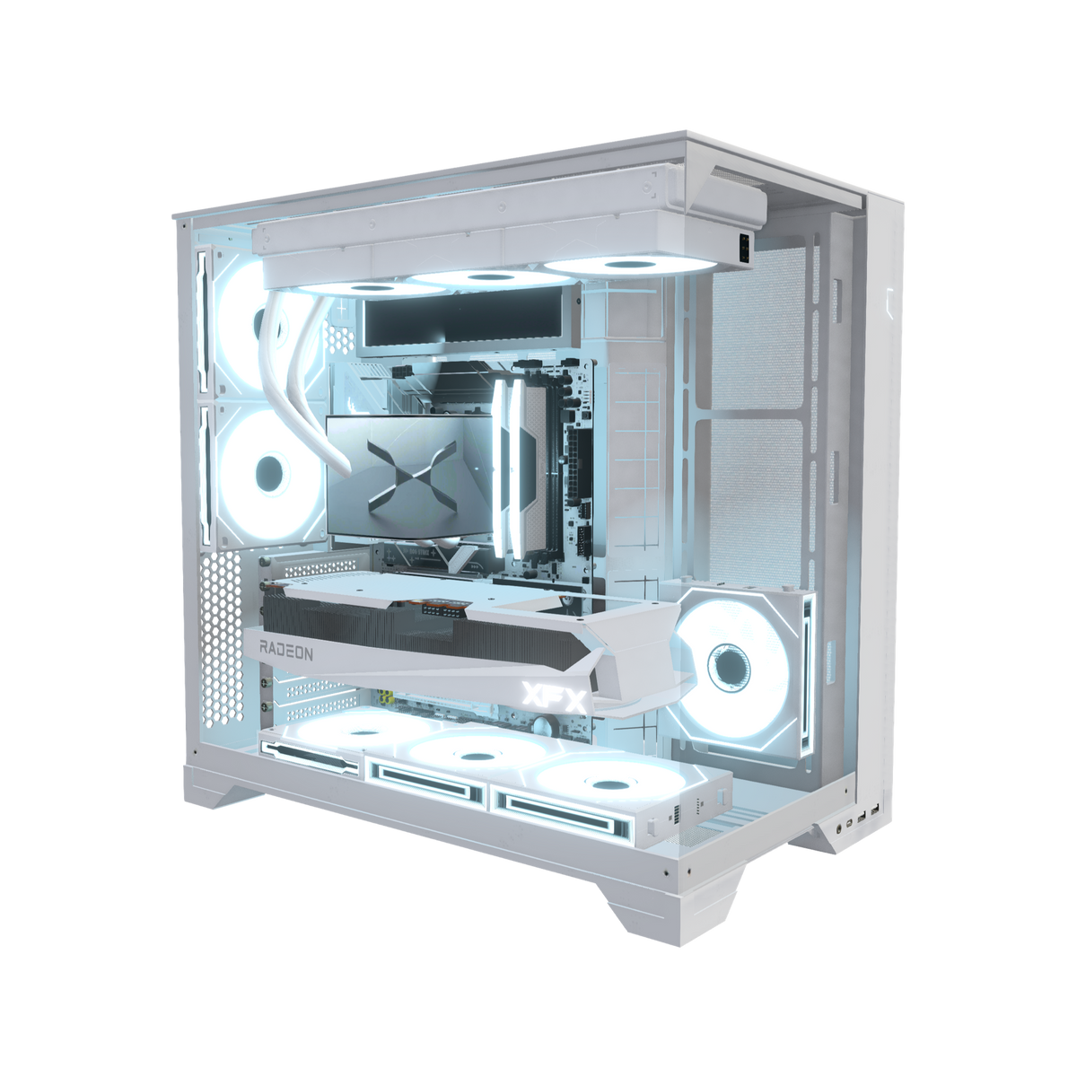 Hype Gaming-PC Midrange Weiss – 3D-Rendering schräg von vorne, RGB Eisblau