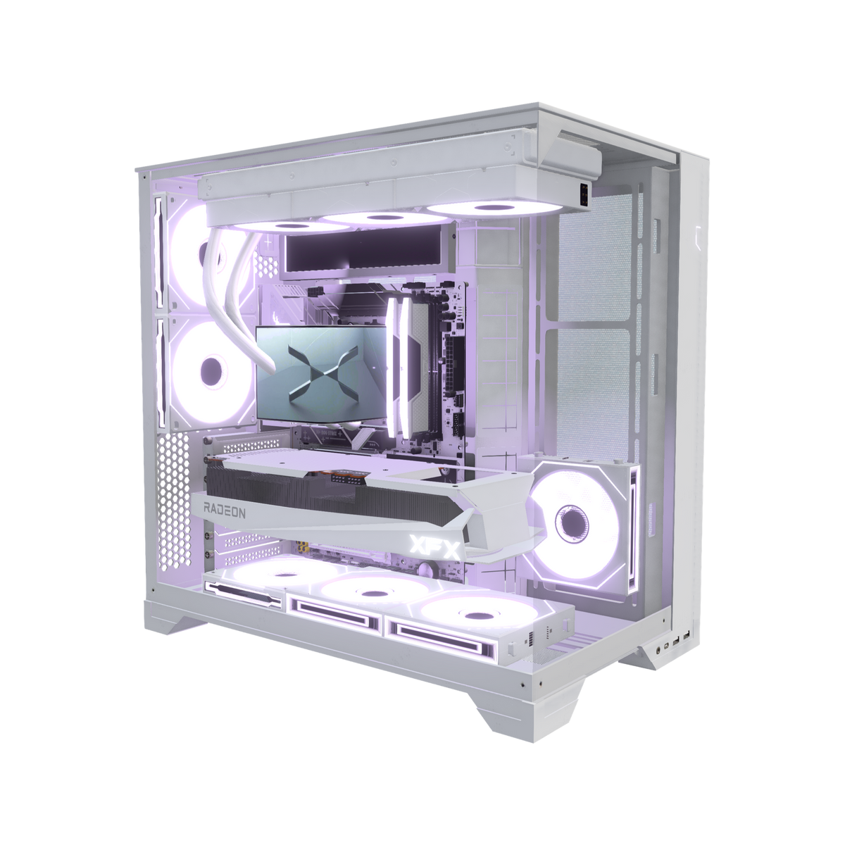Hype Gaming-PC Midrange Weiss – 3D-Rendering schräg von vorne, RGB Lavendel