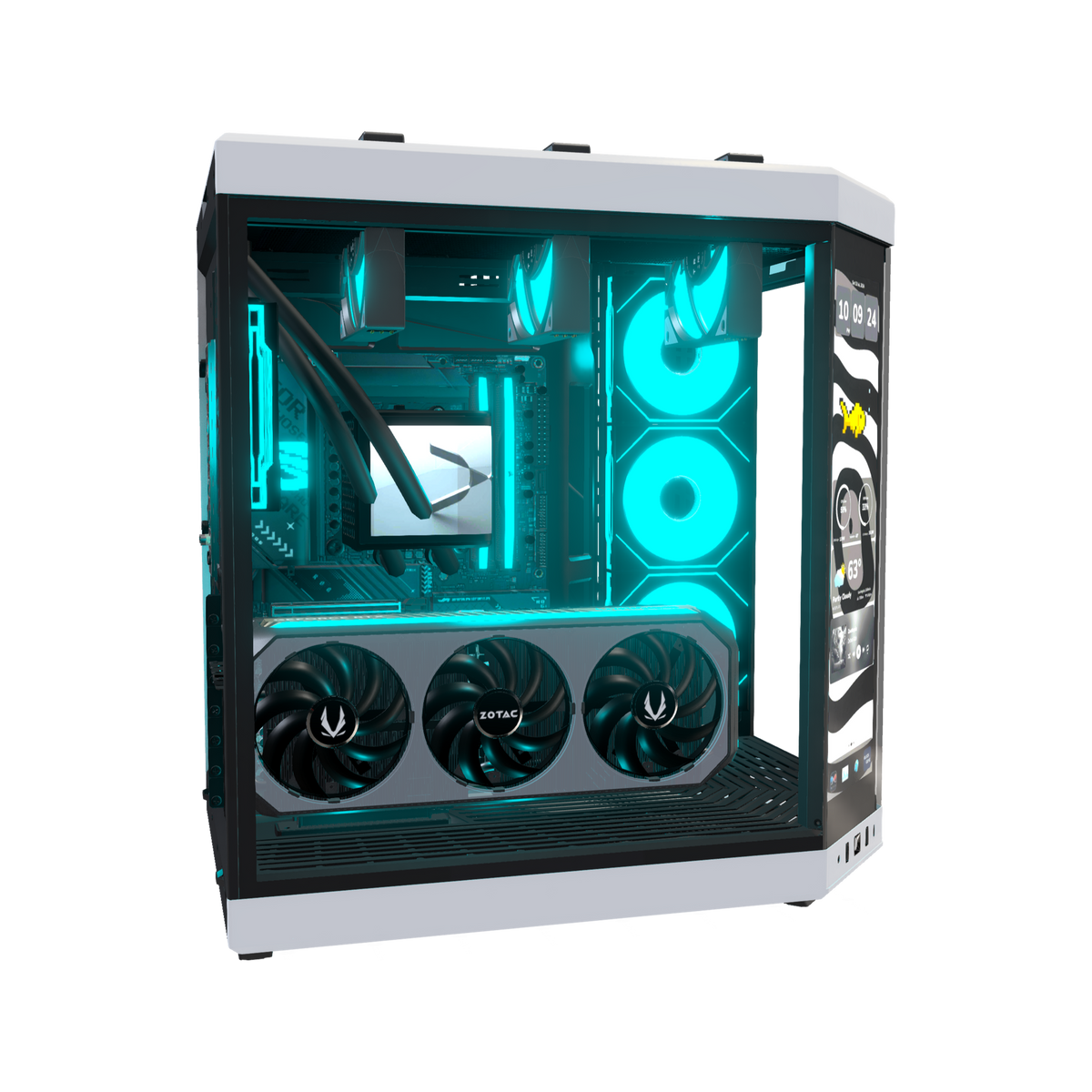 Hype Gaming-PC High-End – 3D-Rendering von der Seite, RGB Cyan