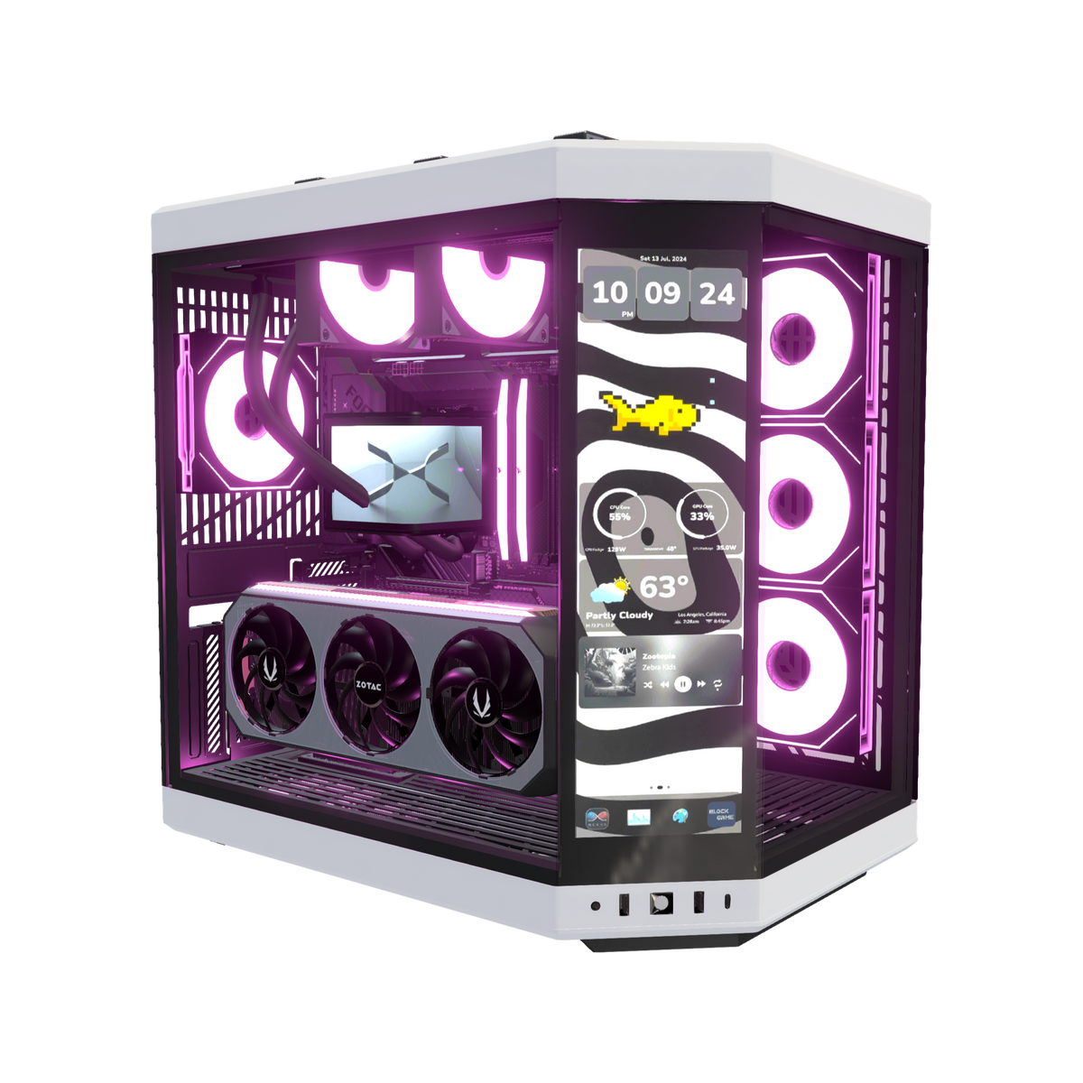 Hype Gaming-PC High-End – 3D-Rendering schräg von vorne, RGB Magenta