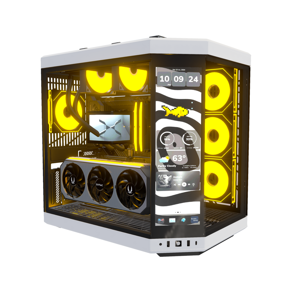 Hype Gaming-PC High-End – 3D-Rendering schräg von vorne, RGB Orange