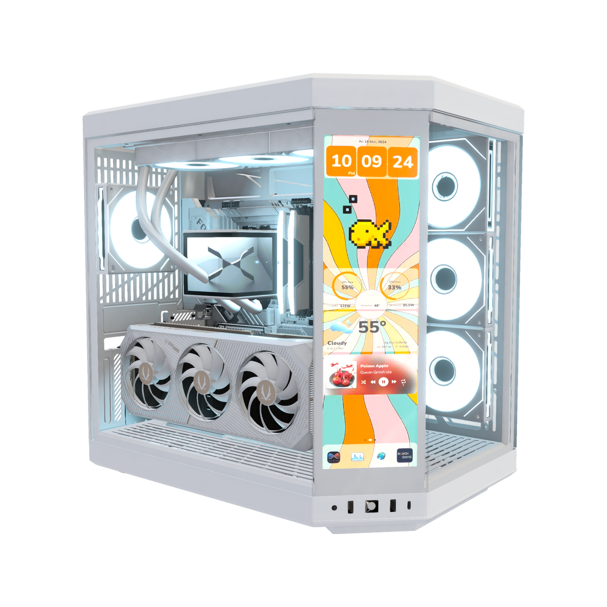 Hype Gaming PC High-End White – 3D rendering, front three-quarter view, RGB ice blue