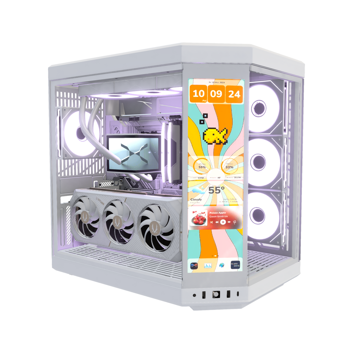 Hype Gaming PC High-End White – 3D rendering, front three-quarter view, RGB lavender