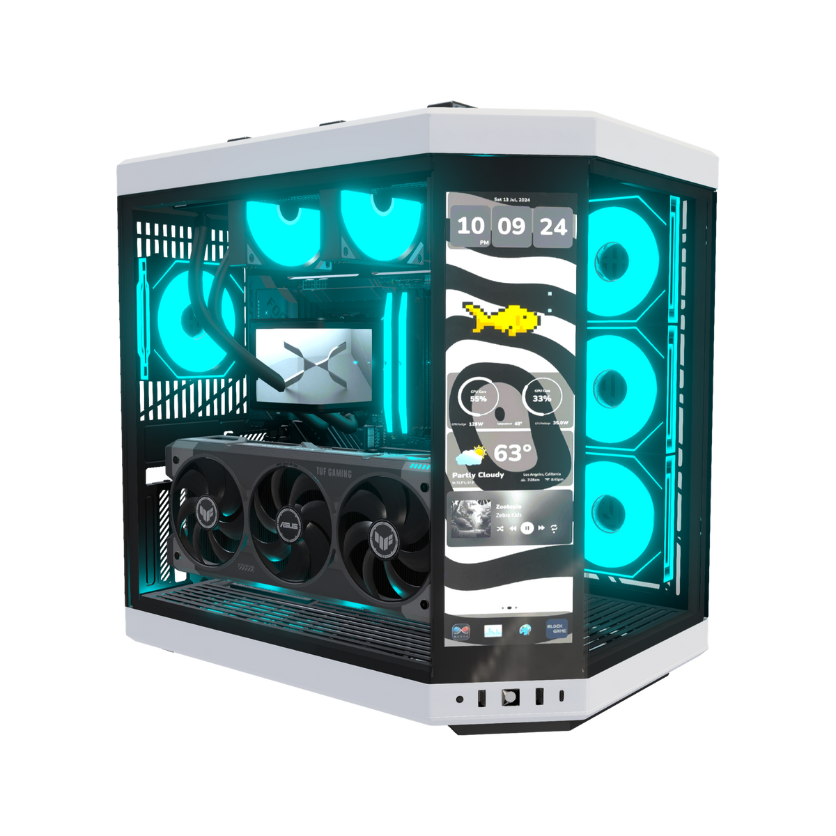 Hype PC da gaming Pixel Peak – rendering 3D, vista di tre quarti, RGB ciano