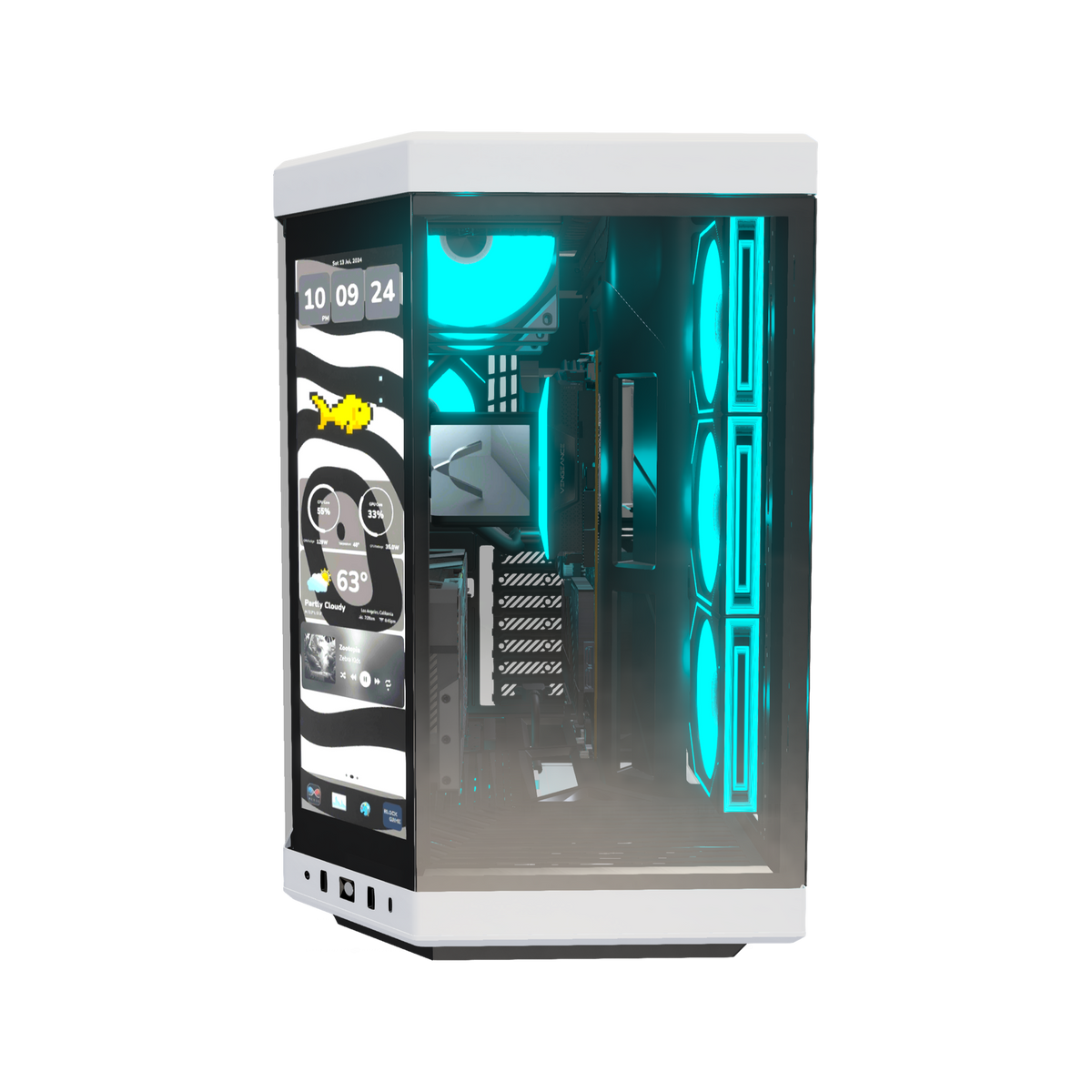 Hype PC da gaming Pixel Peak – rendering 3D, vista frontale, RGB ciano