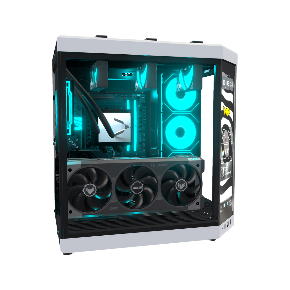 Hype PC da gaming Pixel Peak – rendering 3D, vista laterale, RGB ciano