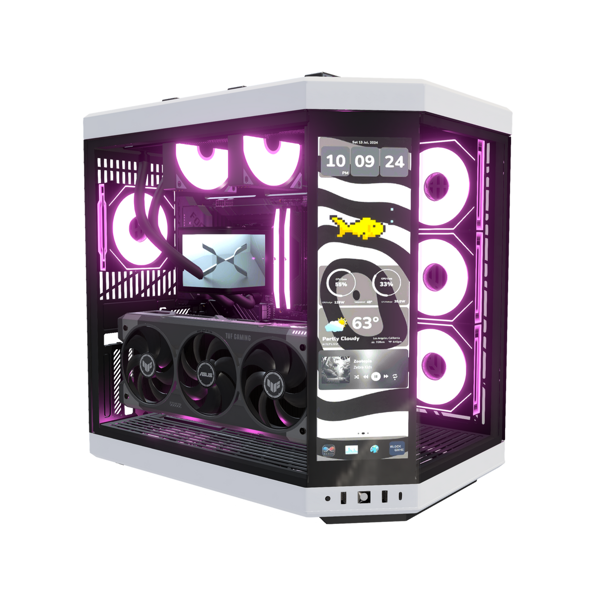Hype PC da gaming Pixel Peak – rendering 3D, vista di tre quarti, RGB magenta