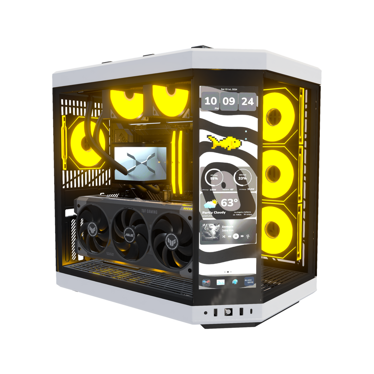 Hype PC da gaming Pixel Peak – rendering 3D, vista di tre quarti, RGB arancione