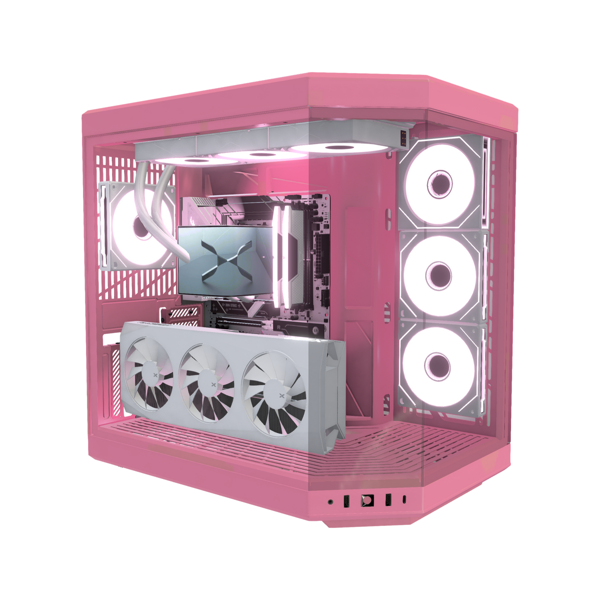 Sakura Gaming-PC Midrange – 3D-Rendering schräg von vorne, RGB Rosa