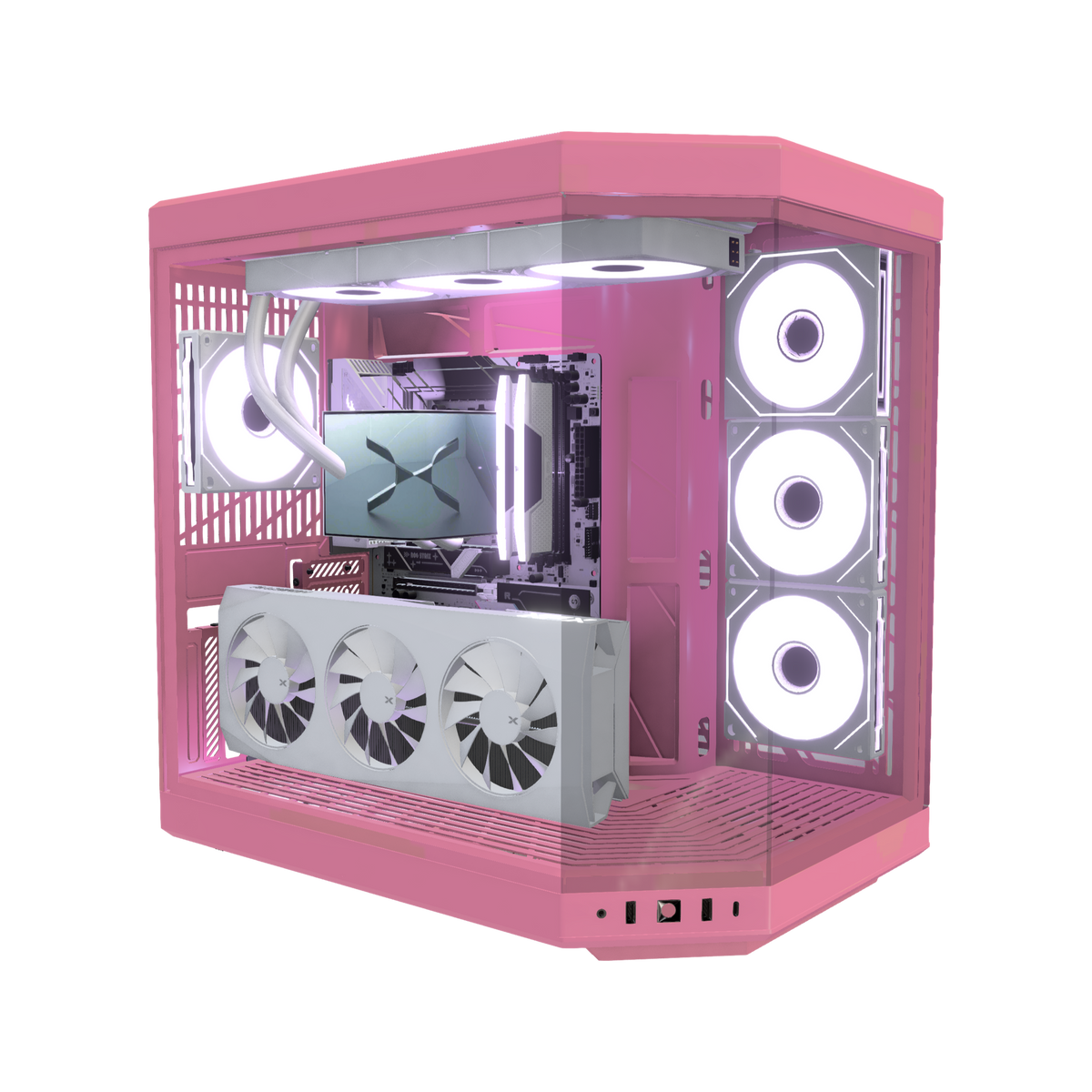 Sakura Gaming-PC Midrange – 3D-Rendering schräg von vorne, RGB Lavendel