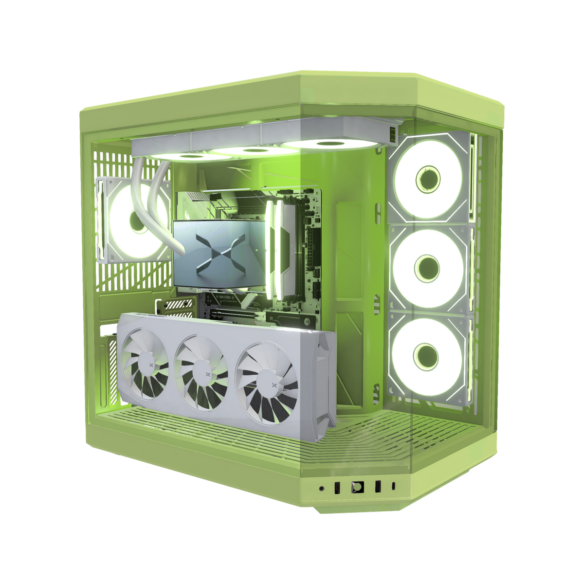 Matcha Gaming PC Midrange – 3D rendering, front three-quarter view, RGB light green
