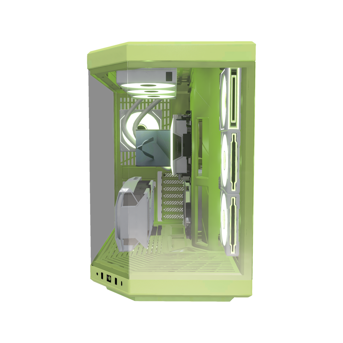 Matcha Gaming PC Midrange – 3D rendering, front view, RGB light green