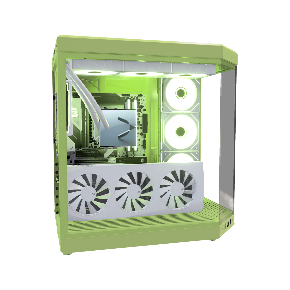 Matcha Gaming PC Midrange – 3D rendering, side view, RGB light green