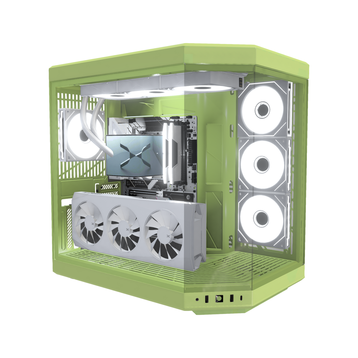 Matcha Gaming PC Midrange – 3D rendering, front three-quarter view, RGB cool white